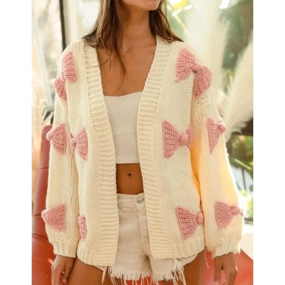 Altar'd State S Now Cardigan NWT  Cream W/Pink Bows